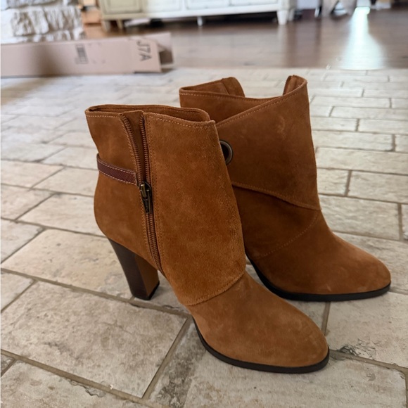 Nicole Miller Cognac Suede Fold-Over Ankle Boots with Ring Accent - Picture 2 of 3